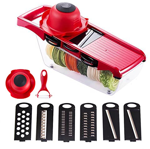 YLWX 6 in 1 Vegetable Grater Julienne Slicer Hand Mandoline Potato Chip Cucumber Food Cutter with Peeler (Color : Red, Size : 12.6x4.3x4.3 in)