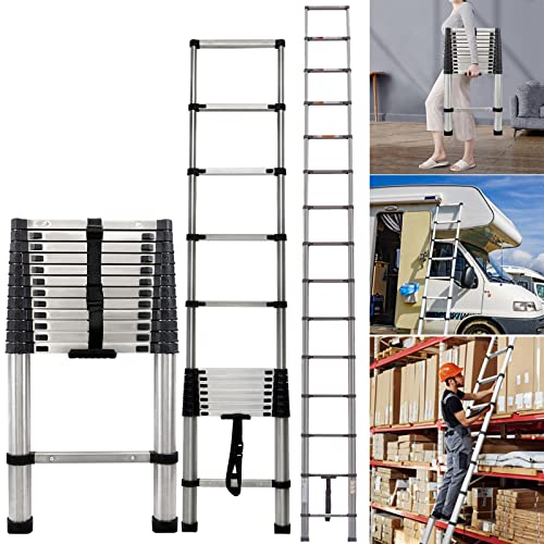 Telescopic Ladders 12.5FT 3.8M Extendable Stainless Steel Telescopic Folding Extension Ladder, Portable 13 Steps Loft Collapsible DIY Multi Purpose Telescoping Step Ladder for Roof Work, 330lbs Load