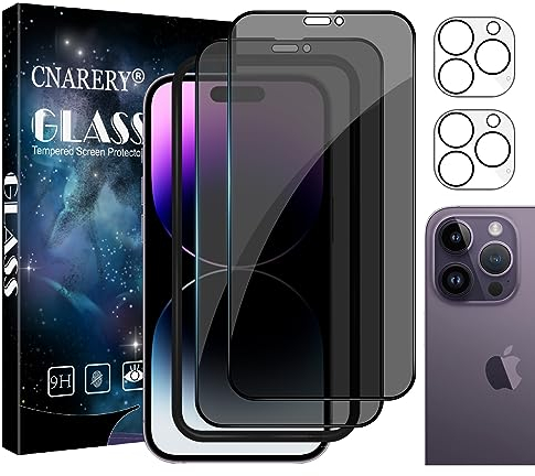 Cnarery 2 Stück für iPhone 14 Pro Sichtschutz Full Screen und 2 Stück Kameraschutz, 9H Härte Privacy Panzer Schutz Glas Folie, Kratzfest, Anti-Spy Schutzfolie mit Installationswerkzeug(6,1 Zoll)
