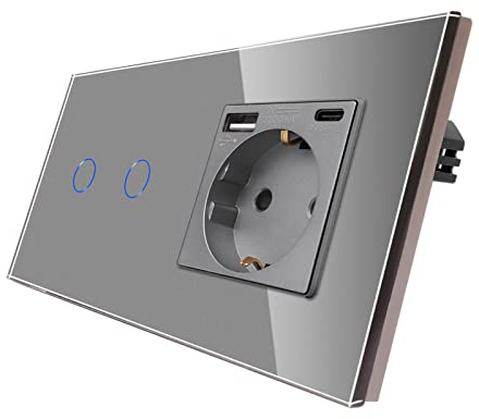 CNBINGO Touch Lichtschalter und Schuko Steckdose mit USB Schnellladen (Typ C+A unterstützung 20W Schnellladen) - USB Steckdose unterputz - Glas Wandschalter zweifach mit Status-LED - Grau
