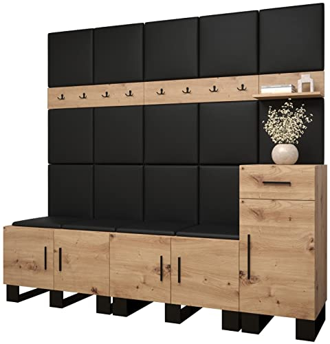 MEBLE KRYSPOL Garderobe Artin Set 8 mit gepolsterten Paneelen Industriell Design (Artisan Eiche + schwarzes Öko-Leder)