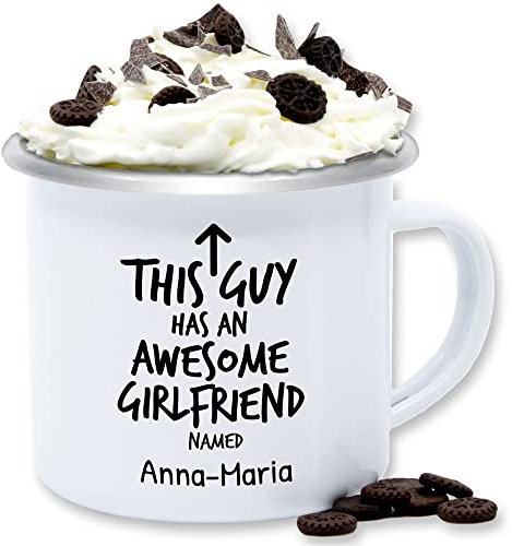 Emaille Tasse Blechtasse - Freund - This Guy has an awesome Girlfriend - mit Wunschname - 300 ml - Weiß Silber - freunde geschenke best friends bester kumpel kumpels personalisierte name gute für