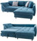 Modernes Ecksofa mit Schlaffunktion und Bettkasten 250x190 cm, Wellenunterfederung mit Komfortschaum, Longchair Ottomane rechts, Bezug Mikrofaser Blau, 2 Zierkissen Grau / 17101