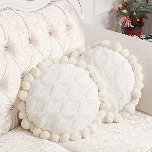 Tranqun Boho-Kissenbezug, 40 cm, rund, Bohemian-Stil, dekorativer Kissenbezug, handgetuftet mit groben strukturierten Pompons, Kissen für Couch, Sofa, Bett, Pouf, Yoga, Beige/Weiß, 2 Stück