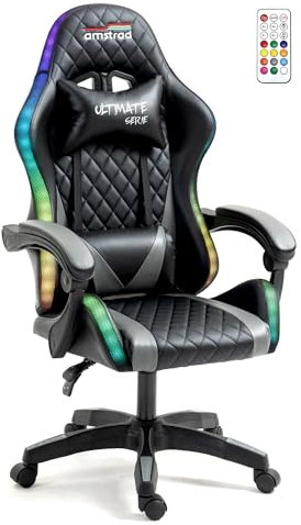 AMSTRAD Ultimate-BK-LED Sillón/Silla de oficina Gamer Color Negro y Gris - Iluminación LED 366 Efectos - Mando a distancia