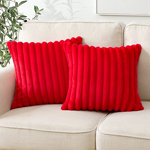 Soleebee 2er Set Plüsch Samt Kissenbezüge, Weiche Künstliche Pelz Dekorativ Kissenbezug Sofa Zierkissenbezüge Dekokissen Kissenhülle Set für Couch Schlafzimmer Zuhause Auto Dekor (50x50cm, Rot)