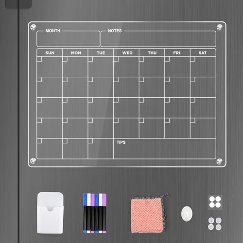 Acryl Kalender für Kühlschrank,1xWhiteboard Monatsplaner Abwischbar 40 x 30cmx2.8mm(T) Transparent Kühlschrankkalender Magnetisch mit 6 Markern+1xMagnetstifthalter,BOMEI PACK