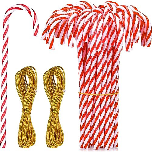 GUALESA 42 Stück Zuckerstangen Weihnachten Deko Acryl Weihnachtsdeko Rote Weiße Zuckerstange Schmücken Geeignet Weihnachtsbaum Deko Mit 2 Stück 5 m Langem Golddrahtseil