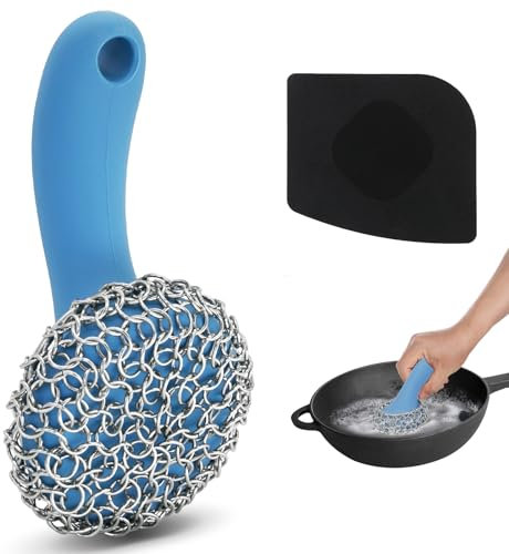 Cast Iron Scrubber with Long Handle | 316 Cast Iron Cleaner Chainmail Scrubber for Cast Iron Pan Skillet Cleaner - Dish Scouring Pad Dishwasher Safe Cleaning Kit (Blue, 1 Scrubber + 1 Scraper)