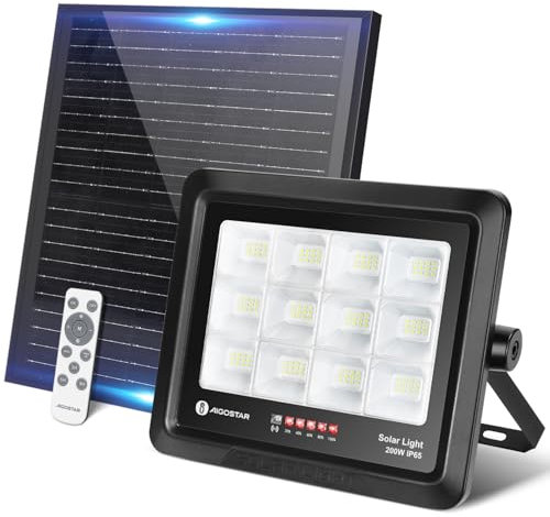 Aigostar Faretto LED Esterno con Pannello Solare 200W, Luce Bianca 6500k. Faretto con Pannello Solare con Telecomando. Display di potenza, Grado di Protezione IP65, Utilizzato per garage, patio