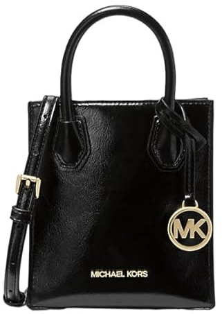 Michael Kors Mercer Umhängetasche aus genarbtem Leder, extraklein, Schwarz / Lackfarben, Schwarz