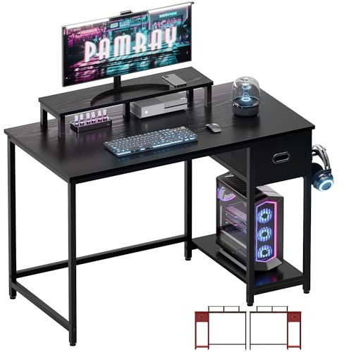 PAMRAY 98 x 50cm Computertisch mit Monitorständer Kleine Schreibtische mit Aufbewahrungsschublade für Schlafzimmer Schreibtisch Schreibtisch zum Schreiben und Arbeiten Schwarz