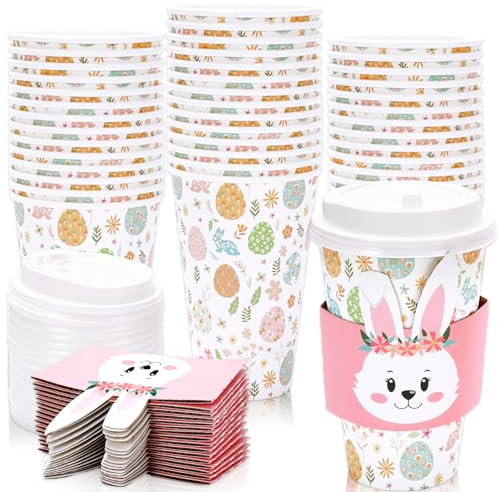 JarThenaAMCS Einweg-Kaffeetassen mit Deckel und Hüllen, Ostereier, Hase, Pappbecher, Pastell-Trinkbecher für Ostern, Frühling, Partyzubehör, 48 Stück