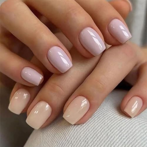 SINLOV Medium Long Square Fake Nails Purple Orange French False Nail Glossy Full Cover False Nails Press on False Nails for Women and Girls