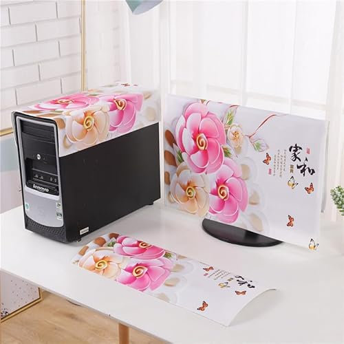 Hixingo 3 Pieces Set Computer Dirt-proof Cover, Desktop PC Dust Cover Protector Computer Screen Display Protective for 19-32 inch PC, Desktop and TV (Pink Flowers,27 inches)