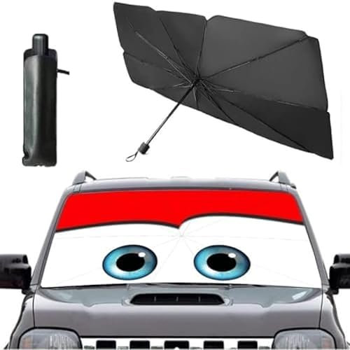Parasol Coche Delantero Plegable 125 x 65 cm,Parasol Coche Paraguas,Parasol Delantero Coche con Diseño Adorable de Ojos,UV y El Calor,Incluye Bolsa, para Hatchbacks, Coupés, Deportivos