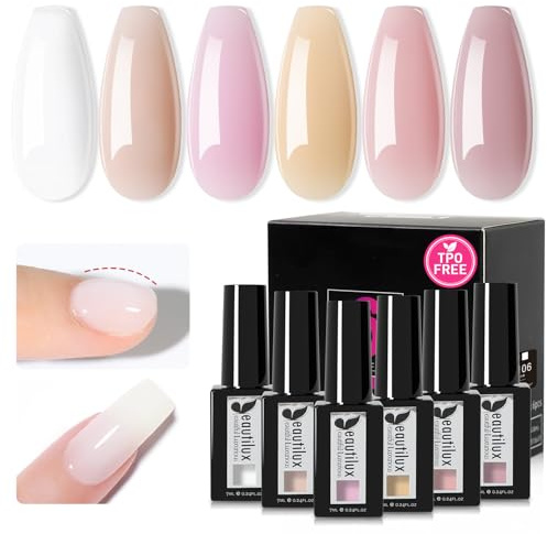Beautilux Base Builder Gel en Flacon - Gel BIAB Auto-nivelant Sans HEMA et Sans TPO pour Renfort et Prolongation des Ongles 7mlx6pcs - Application Facile - Pour French Manucure et Nail Art