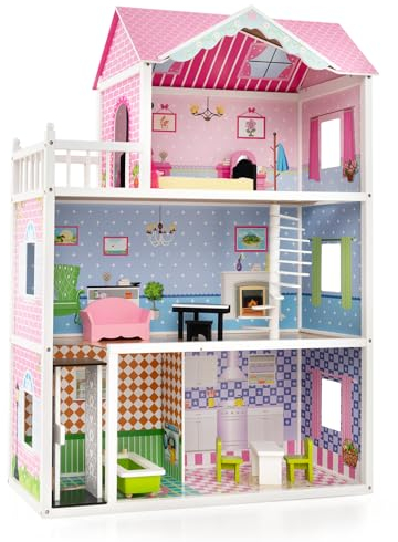 DREAMADE Puppenhaus Holz, 3-stöckiges & Großes Dollhouse mit 5 simulierten Räumen & anhebbarem Aufzug, multifunktionaler Kinderspielzeug mit komplettem Spielzubehör, für Kinder ab 3 Jahren