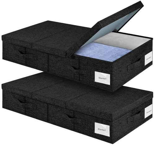 Eurhomewit Unterbett Aufbewahrungsbox, Faltbar Unterbett Aufbewahrung, 2 Stück Unterbettkommode mit 4 Griffen, Bettkasten Aufbewahrung für Kleidung/Decke, Unterbettbox mit Deckel-Elegantes Schwarz