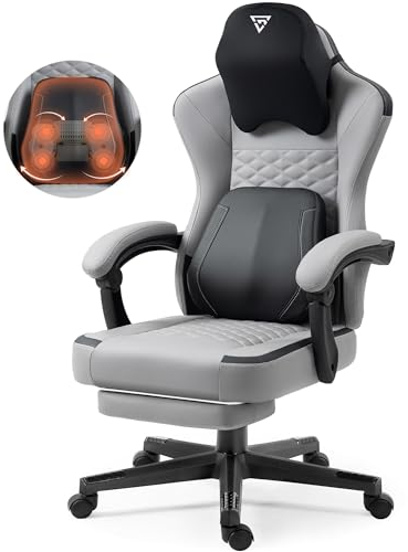 Vigosit Sedia da gioco con massaggio riscaldato, supporto lombare, sedia ergonomica per computer, con cuscino a molle insacchettate e poggiapiedi, grigio