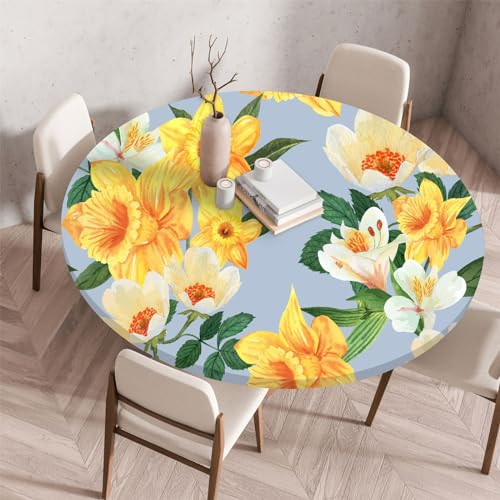 Highdi 3D Mantel Redondo con Bordes Elástica, Mantel Mesa Redonda Ajustable Protector de Mesas Redondas Manteles Antimanchas para Picnic Comedor Cocina (Flor Dorada,140cm)