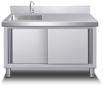 Spülbecken für den Außenbereich, Wäschespüle mit Schrank, Küchenspüle aus Edelstahl mit Werkbank und Lagerregalen mit Kalt- und Warmwasserhahn für den Außen- und Innenbereich von Restaurants, Waschk