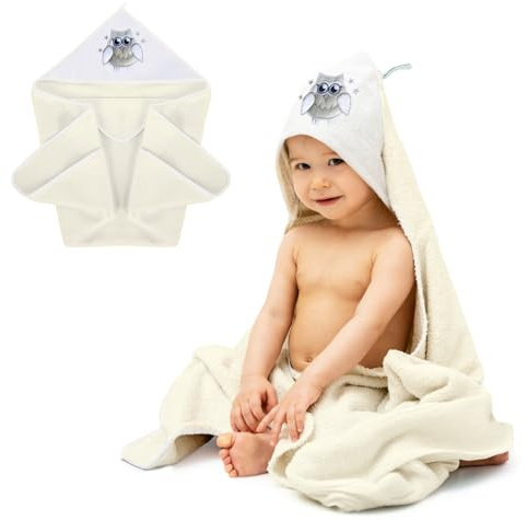 MEA BABY Handtuch mit Kapuze 100% Baumwolle 100x100 cm, Kapuzenhandtuch für Mädchen und Jungen, Weich und Super Saugfähig Babyhandtuch mit Kapuze, Ecru mit Eulen Druck