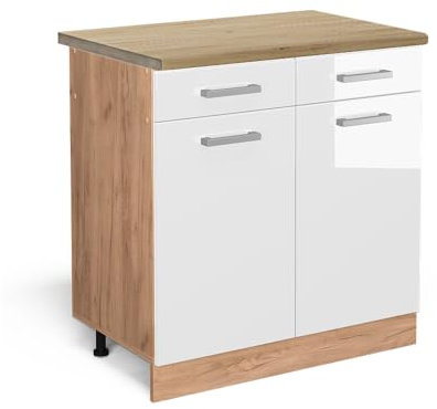 Vicco Küchenunterschrank R-Line, Weiß Hochglanz/Goldkraft Eiche, 80 cm, AP Eiche
