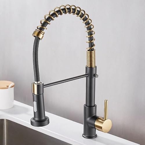 ZYCDP Robinet de Cuisine Ressort Mitigeur Cuisine avec Douchette Extractible, Robinet de Cuisine Pivotant à 360° Mitigeur Froid et Chaud Noir + Or