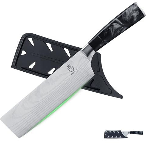 FULLHI Cuchillo Nakiri, Multi Color 7inch Cuchillo Japonés con funda, Acero Inoxidable Cuchillo Cocina Carne Verdura con Guarda (Resina negra)