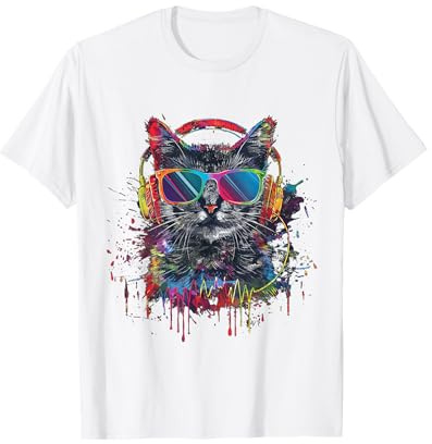 Katze Cat DJ mit Kopfhörer und Sonnenbrille T-Shirt