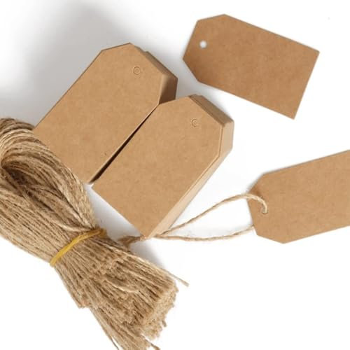 Voarge 100 Stück und Jute-Schnur, Geschenkanhänger, 7 x 4 cm, Kraftpapier, handgemachte Etiketten für Preisschilder, Etiketten für Gläser und Etiketten aus Karton, Gastgeschenke