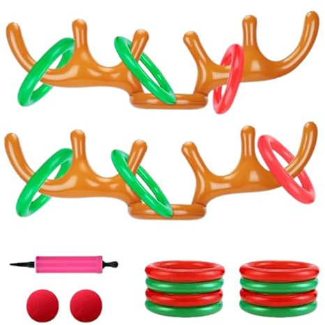 2 Set Aufblasbares Rentier, Rentiergeweih Aufblasbar, Kinder Ringwurfspiel, (2 Geweihe 8 Ringe 2 Clownnasen 1 Pumpe) Geeignet für Weihnachtsfeiern, Familienspiele, Spiele Im Freien