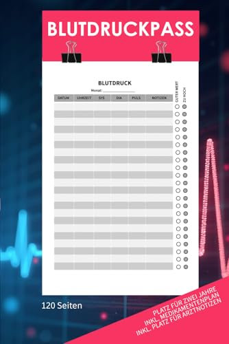 Blutdruckpass DIN A5 | Blutdruck Tagebuch zum täglichen Eintragen | für 24 Monate | deine Blutdruckwerte auf einen Blick | Übersichtlich, Kompakt und gut lesbar | Pink