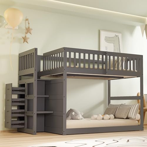 Lcoho Holzbett, Niedriges Etagenbett, Sicherheits-Etagenbett mit Staufach, hohes Zaun-Design (Grau)