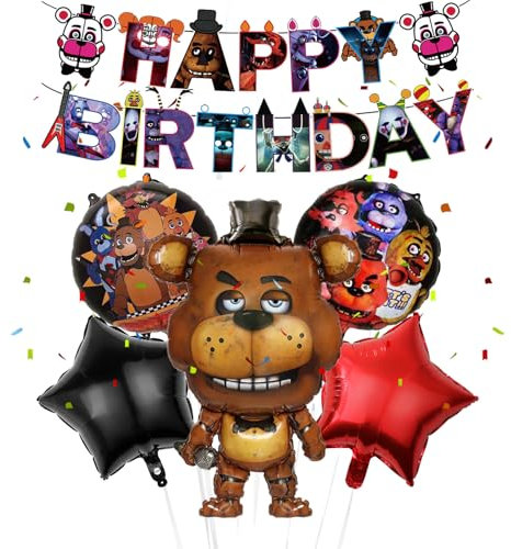 Five Nights Geburtstagsdeko Luftballons Jungen Mädchen- 6Pcs Kindergeburtstag Deko Folienballon Banner Happy Birthday Geburtstag Balloon Partyzubehör für Kinder Theme Party Hintergrunden Supplies