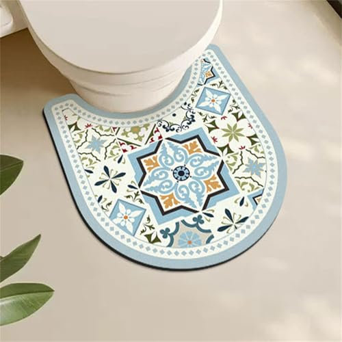 Highdi Toilet Mat U Shape, Ethnic Style Diatomite Bath Mat U Shape Absorbent Quick Dry Non Slip U Shaped Toilet Floor Mat Toilet Rug WC Toilet Mat Washable for Bedroom (Light Blue)