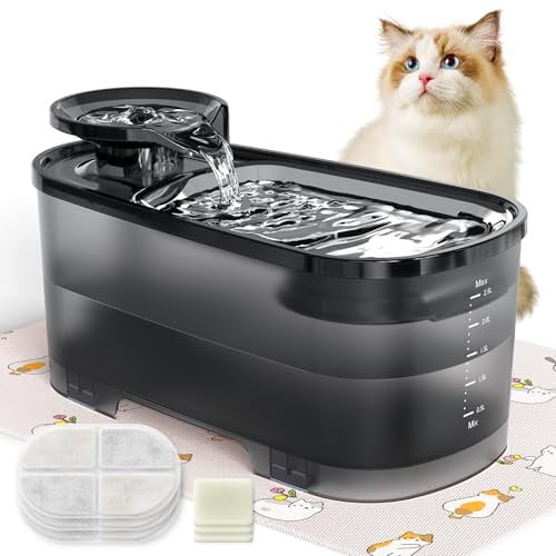 QEXREED Fontaine à Eau Chat 2.5 L, Silencieuse avec Filtre à Charbon Actif, Réservoir d'eau Noir Translucide pour Chats et Chiens