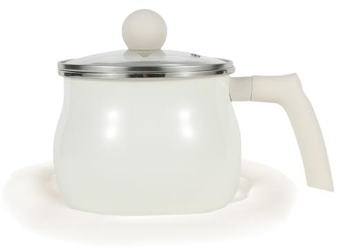 Enamel Milk Pan with Lid, 2 Quarts Small Sauce Pan Butter Warmer with Effortless Handle, Healthy Uncoated Soup Pot Cookware Cooking Pot for Stove Tops (White)