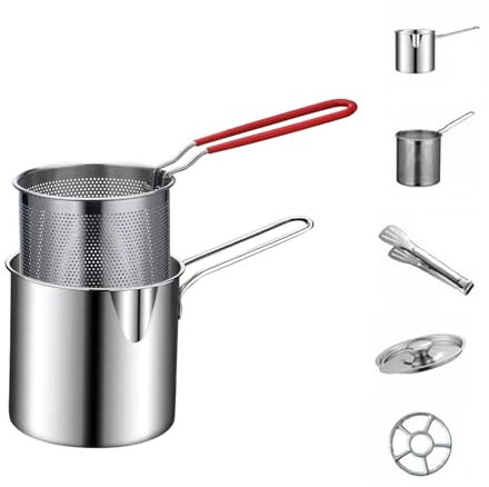 2 Set Deep Fat Fryer Pot with Oil Filter Basket,Stainless Steel Chip Pan,Mini Fryers French Fries Pot, Tempura Chips,Pasta Making Basket Heating Food Pot,Fish, Chicken Handle Fryer (1.2L (12X12x12cm))