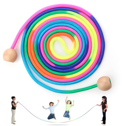 Cuerda de saltar multijugador, 5 metros, cuerda de saltar para niños, colores arcoíris, cuerda de saltar larga para niños con mango de bola de madera, para escuela, deportes, actividades al aire libre