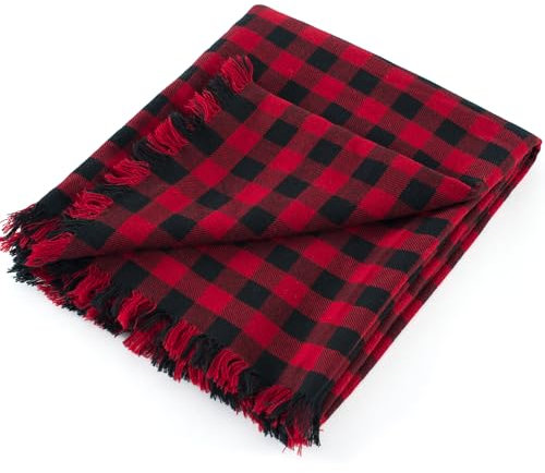 CloudDwelling Couverture à carreaux 100 % coton - Douce, légère et confortable - Style rustique - Fine et respirante - Pour canapé, sofa, lit (127 x 152,4 cm, rouge/noir)