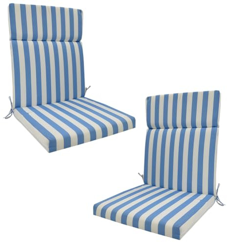 Set of 2 Waterproof High Back Garden Chair Cushions with Ties - Indoor/Outdoor Seat Pads for Patio, Loungers, Recliners & Rocking Chairs (Blue Stripes, 45 ×107 × 3cm)