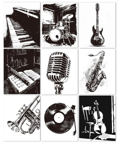 CRAFTYMELODY Vintage Musik Wandkunstdrucke 9er Set Schwarz Weißes Musikinstrument Poster Wanddekoration Heimkunstwerke Für Die Heimdekoration 8x10(1) cm Ungerahmt