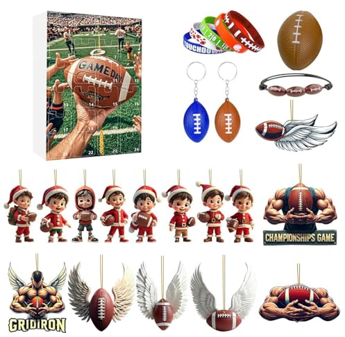 Weihnachtsdeko, Rugby Adventskalender mit 24 Überraschungen | 2D Acryl Anhänger & Armbänder | Countdown bis Weihnachten, Weihnachtsgeschenke (Coffee)
