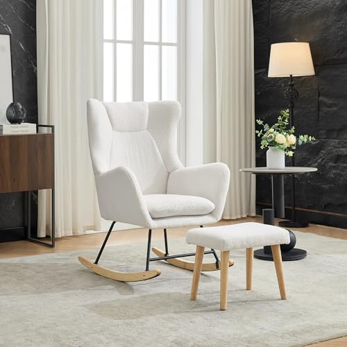 okwish Schaukelstuhl Relaxsessel mit Fußstütze, Polstersessel Loungesessel mit Hoher Rückenlehne, abnehmbares Kissen und Fußhocker, Teddystoff weiß