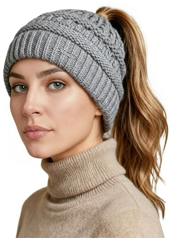 Neverless® Damen Strickmütze Mütze Zopfloch Grobstrick Ungefüttert Wintermütze Langhaar Frauen
