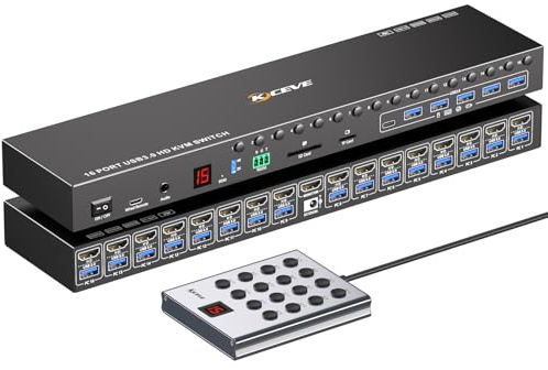 16 Ports KVM Switch HDMI 4K@60Hz EDID Simulation,1U Rack Mount USB 3.0 HDMI KVM Switch for 16 Computers/Servers, with 6 USB3.0 Port,TF/SD,Audio RS232, Wired Remote & 12V Power + 16 USB Cable Included
