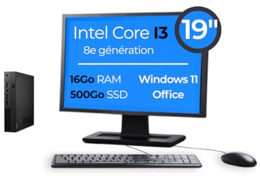 Mini PC Bureau Reconditionné Intel Core i3 8e Génération | 16 Go RAM | SSD 500 Go | Windows 11 Pro + Open Office | Format Micro/Tiny/USFF | + Écran 19 Clavier & Souris (Ecran 19, I3-8e gen)