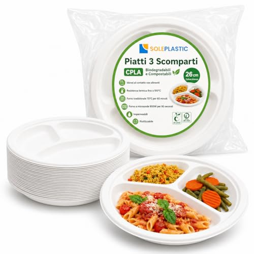 50 Piatti Compostabili a 3 Scomparti da 26 cm Bianchi - RESISTENTI anche con CIBI CALDI - RIUTILIZZABILI - in Fibra Vegetale - Idonei per Microonde e Forno - per Catering, Mense, Feste e Banchetti